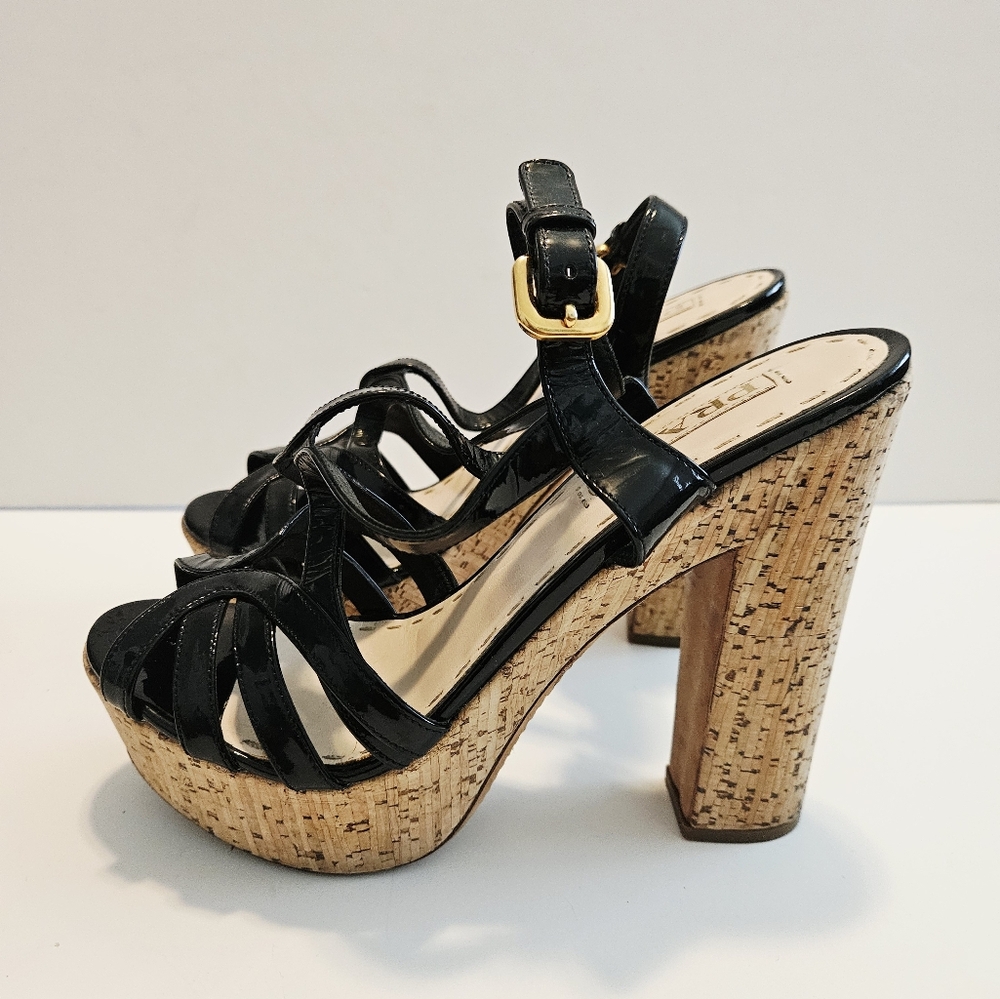 PRADA Milano Black Patent Leather Cork Platform Block US9/UK39 Heels Slingback